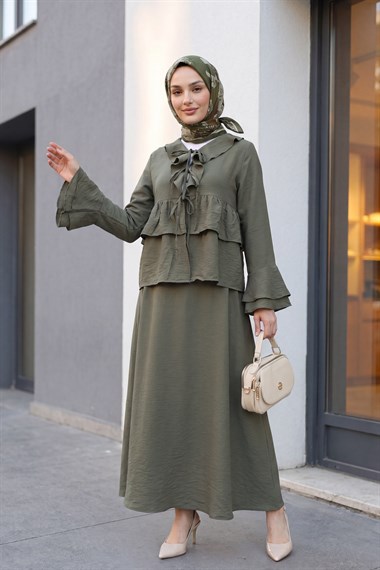 Önü Bağlamalı Fırfırlı İspanyol Kol Etekli Cupra Kimono Takım -Haki