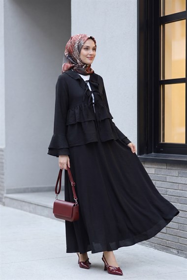 Önü Bağlamalı Fırfırlı İspanyol Kol Etekli Cupra Kimono Takım -Siyah