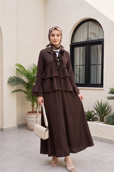 Önü Bağlamalı Fırfırlı İspanyol Kol Etekli Cupra Kimono Takım -Koyu Kahverengi
