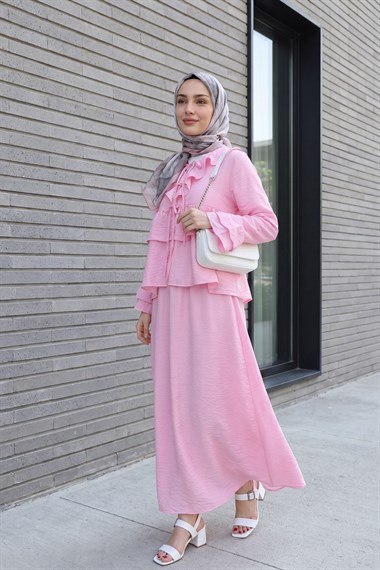 Önü Bağlamalı Fırfırlı İspanyol Kol Etekli Cupra Kimono Takım -Pembe