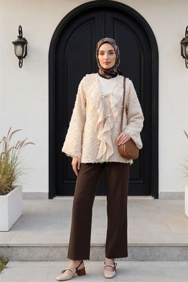 Önü Bağlamalı Fırfırlı Püsküllü Jakar Kimono  -Taş rengi