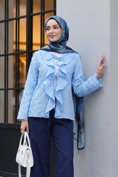 Önü Bağlamalı Fırfırlı Püsküllü Jakar Kimono  -Açık Mavi