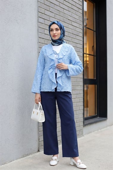 Önü Bağlamalı Fırfırlı Püsküllü Jakar Kimono  -Açık Mavi