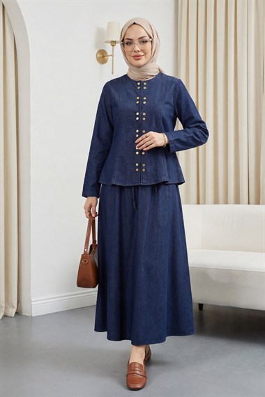 Önü Çıtçıtlı Eteği Bağcık Detaylı Kot Takım  -K.Laci