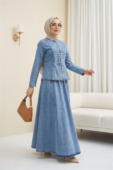Önü Çıtçıtlı Eteği Bağcık Detaylı Kot Takım  -Buz Mavi