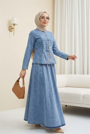 Önü Çıtçıtlı Eteği Bağcık Detaylı Kot Takım  -Buz Mavi