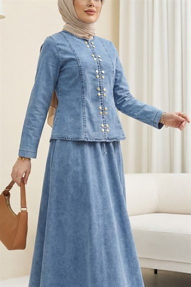 Önü Çıtçıtlı Eteği Bağcık Detaylı Kot Takım  -Buz Mavi