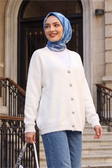 Womens Front Button-Front Eyelash-Knit Relaxed Knit Cardigan - White