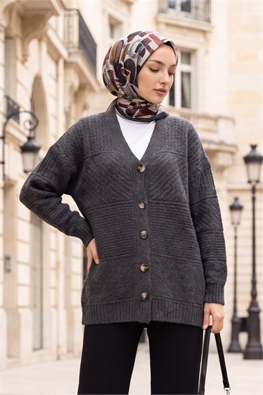 Womens Front Button-Front V-Neck Relaxed Knit Cardigan - Charcoal