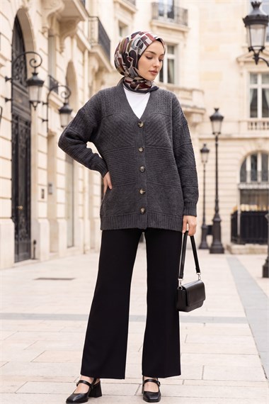 Womens Front Button-Front V-Neck Relaxed Knit Cardigan - Charcoal