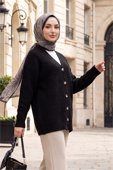 Womens Front Button-Front V-Neck Relaxed Knit Cardigan - Black