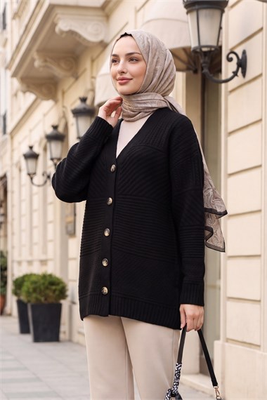 Womens Front Button-Front V-Neck Relaxed Knit Cardigan - Black
