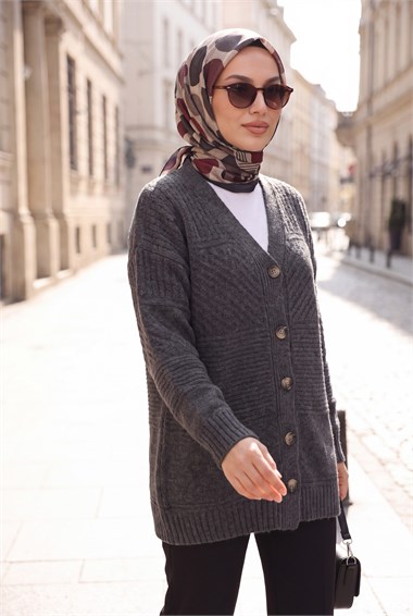 Womens Front Button-Front V-Neck Relaxed Knit Cardigan - Charcoal