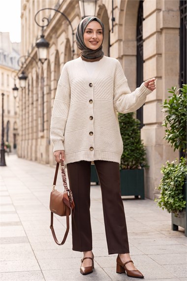 Womens Front Button-Front V-Neck Relaxed Knit Cardigan - Stone