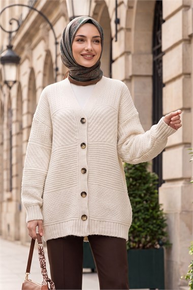 Womens Front Button-Front V-Neck Relaxed Knit Cardigan - Stone