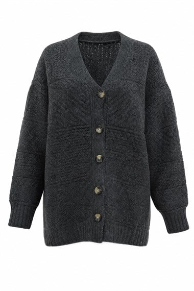 Womens Front Button-Front V-Neck Relaxed Knit Cardigan - Charcoal