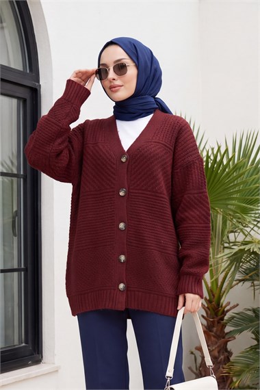 Womens Front Button-Front V-Neck Relaxed Knit Cardigan - Burgundy