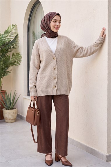 Womens Front Button-Front V-Neck Relaxed Knit Cardigan - Light Mink