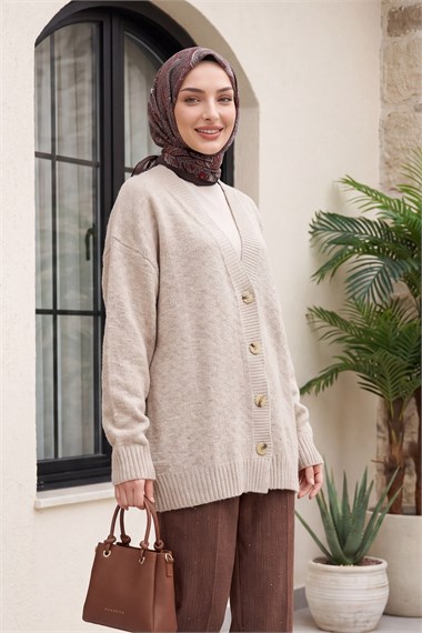 Womens Front Button-Front V-Neck Relaxed Knit Cardigan - Light Mink
