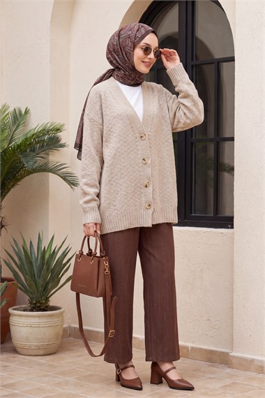 Womens Front Button-Front V-Neck Relaxed Knit Cardigan - Light Mink