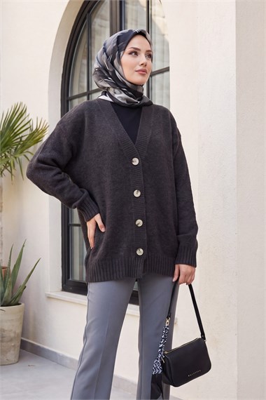 Womens Front Button-Front V-Neck Relaxed Knit Cardigan - Anthracite
