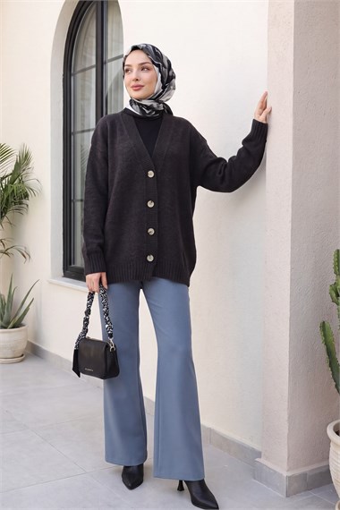Womens Front Button-Front V-Neck Relaxed Knit Cardigan - Anthracite