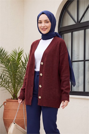 Womens Front Button-Front V-Neck Relaxed Knit Cardigan - Burgundy