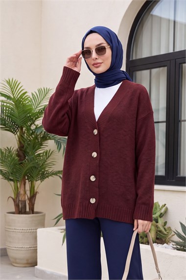Womens Front Button-Front V-Neck Relaxed Knit Cardigan - Burgundy