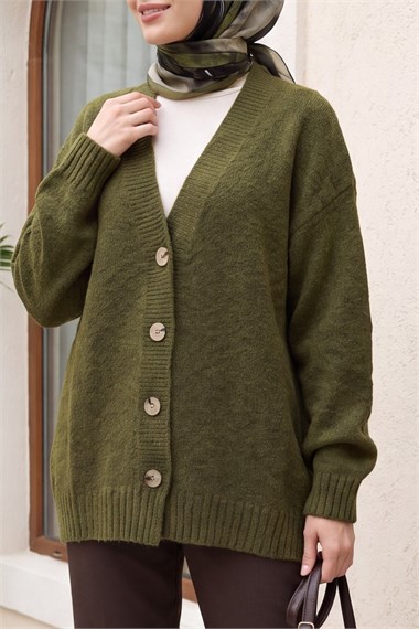Womens Front Button-Front V-Neck Relaxed Knit Cardigan - Khaki