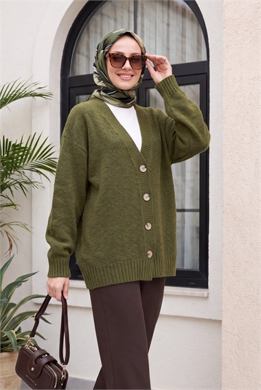 Womens Front Button-Front V-Neck Relaxed Knit Cardigan - Khaki