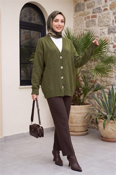 Womens Front Button-Front V-Neck Relaxed Knit Cardigan - Khaki
