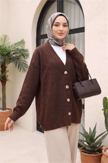 Womens Front Button-Front V-Neck Relaxed Knit Cardigan - Brown