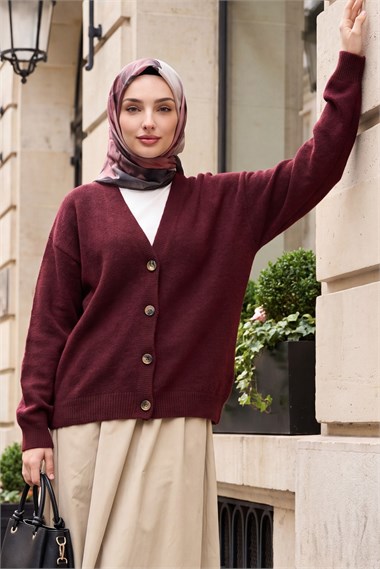 Womens Front Button-Front V-Neck Soft Knit Cardigan - Burgundy