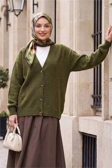 Womens Front Button-Front V-Neck Soft Knit Cardigan - Khaki
