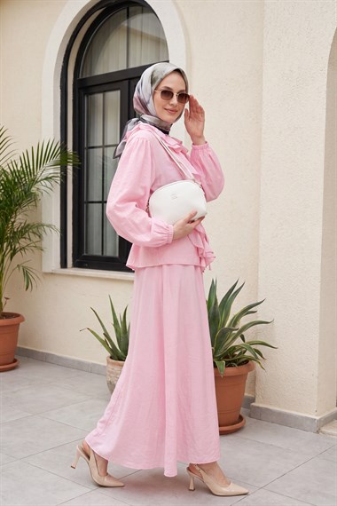 Önü Fırfırlı Kolu Lastikli Beli Kemerli Etekli Çilek Takım -Pembe