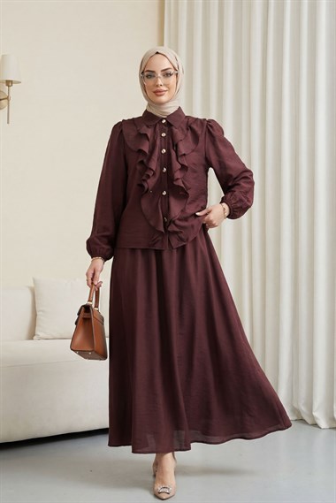 Önü Fırfırlı Kolu Lastikli Eteği Astarlı Çilek Takım  -Mürdüm