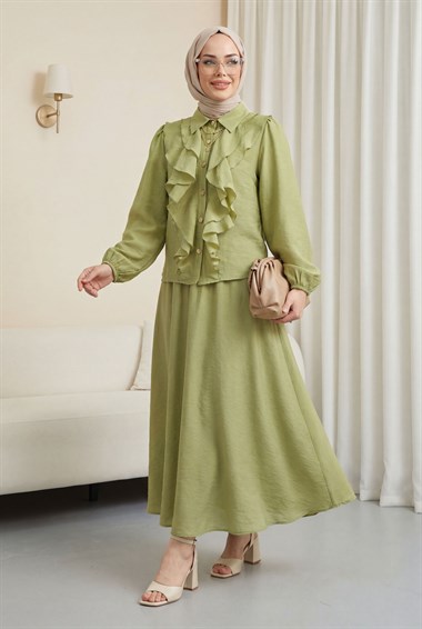 Önü Fırfırlı Kolu Lastikli Eteği Astarlı Çilek Takım  -Zeytin