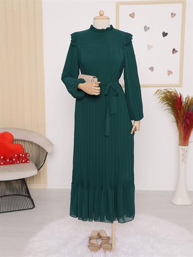 Önü Robalı Kolları ve Bedeni Piliseli Elbise  -Zümrüt