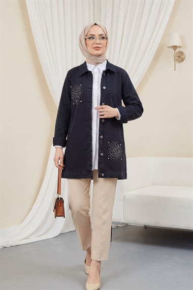 Önü Taş Detaylı Çift Cepli Kot Ceket -Siyah