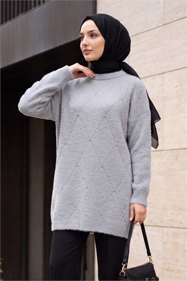 Önü Taş Detaylı Sakallı Salaş Triko Tunik -Gri