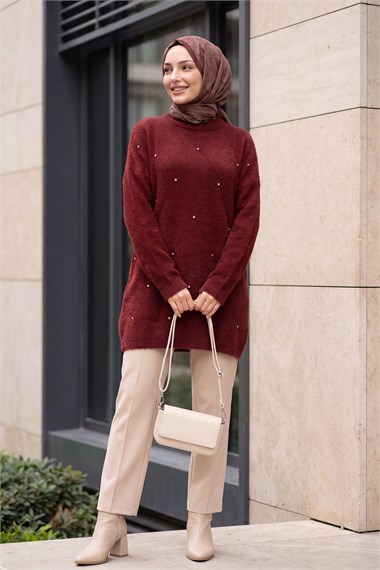 Önü Taş Detaylı Sakallı Salaş Triko Tunik -Bordo