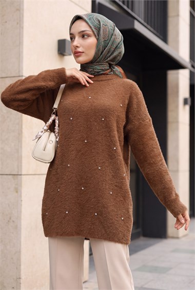 Önü Taş Detaylı Sakallı Salaş Triko Tunik -Kahverengi