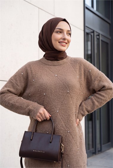 Önü Taş Detaylı Sakallı Salaş Triko Tunik -Toprak