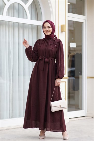 Önü Taşlı Çiçekli Beli Kemerli Astarlı Tül Modal Elbise  -Koyu Bordo