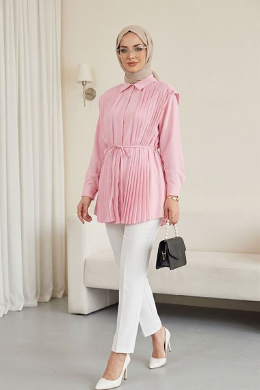 Önü ve Sırtı Pilise Detaylı Gizli Düğmeli Tasarım Gömlek   -Pembe