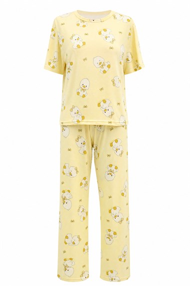 Ördek Desenli Bisiklet Yaka Kısa Kol Penye Pijama Takımı -Sarı