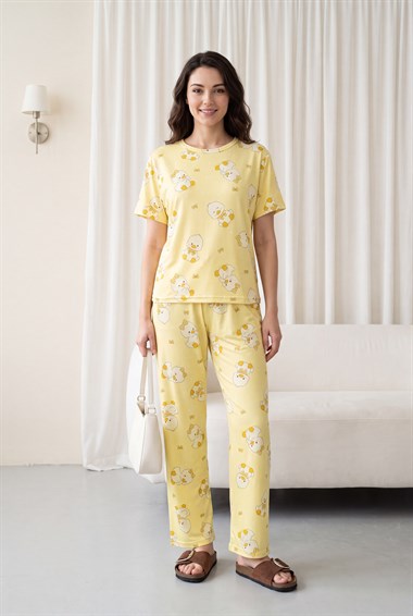 Ördek Desenli Bisiklet Yaka Kısa Kol Penye Pijama Takımı -Sarı
