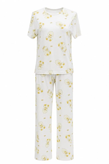 Ördek Desenli Bisiklet Yaka Kısa Kol Penye Pijama Takımı -Ekru