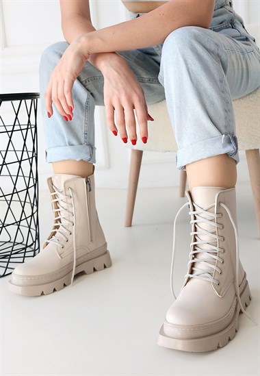 Orge Cilt Bağcıklı Bot -Bej