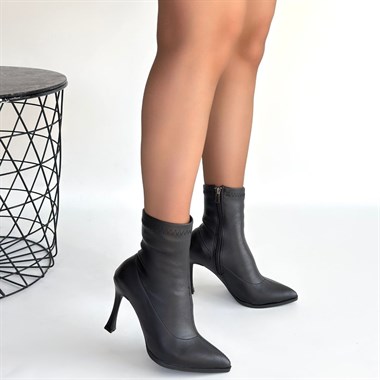 Orjen Cilt Streç Topuklu Bot -Siyah